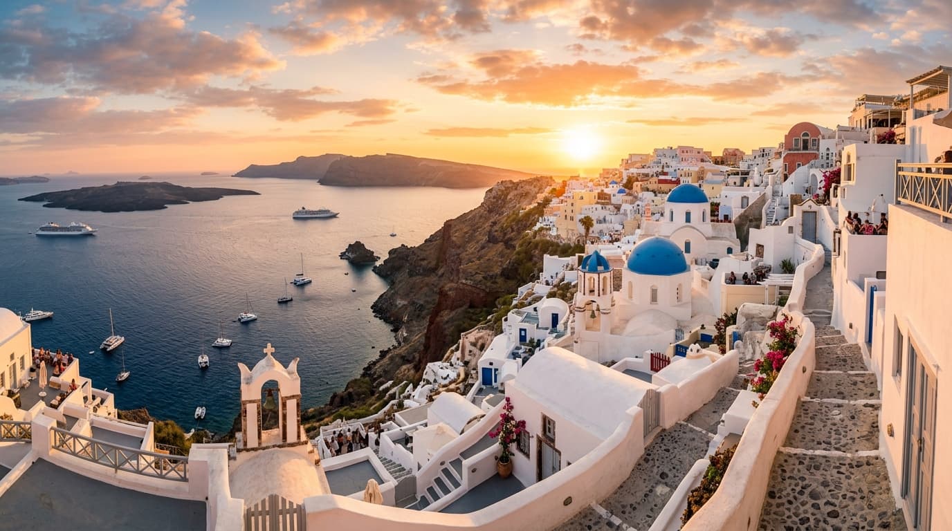 Scenic Santorini coastal sunset view with blue domed churches