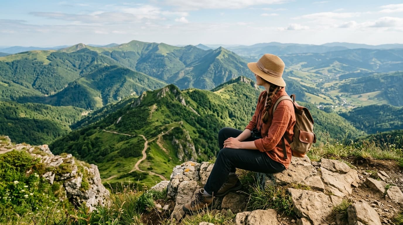 Scenic mountain vista with traveler